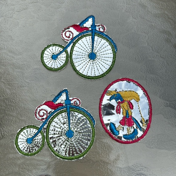 3 VTG 60-70s Sew On Shiny Embroidered Patches Old Bicycle Penny-Farthing & Witch - Picture 2 of 8